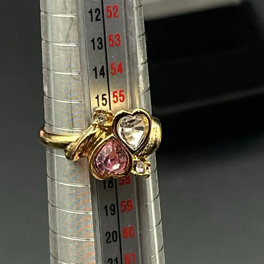Double Hearts CZ Pink and Clear Rhinestone Ring in Gift Box Size 8 Vtg Avon
